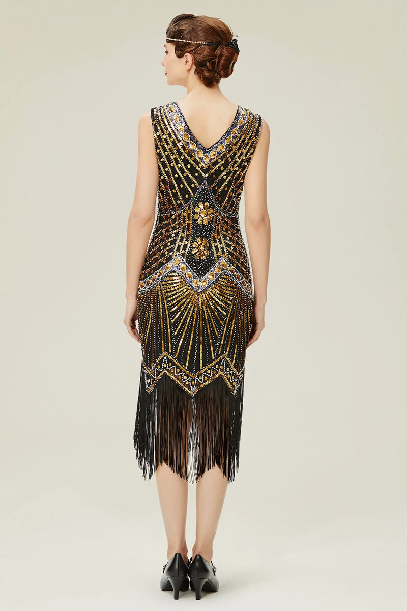 BABEYOND Women's Flapper Dresses 1920s V Neck Beaded Fringed Great Gatsby Dress Gold - Image 2